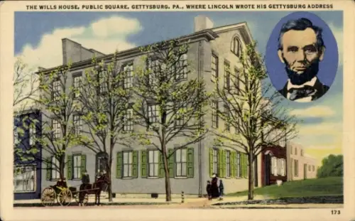 Ak Gettysburg Pennsylvania USA, Wills House,  Lincoln, Porträt von Lincoln, Kutsche