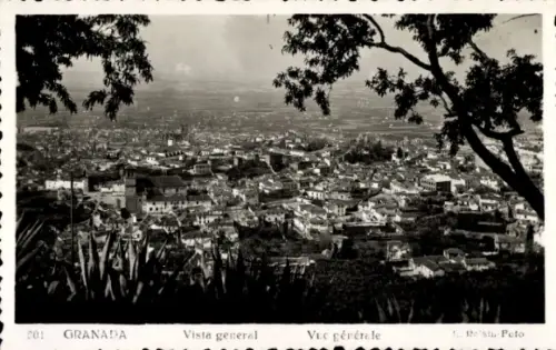 Ak Granada Andalusien Spanien, Schwarz-Weiß-Bild von  Stadtansicht, Bäume im Vordergrund