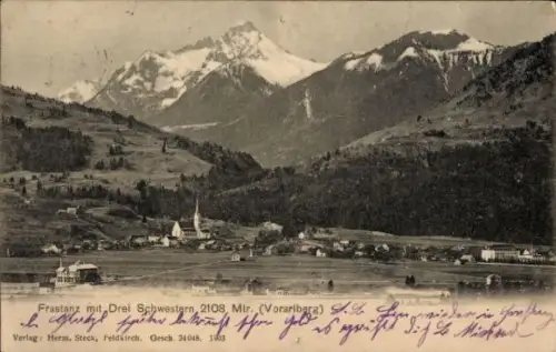 Ak Frastanz Vorarlberg, Frastanz mit Drei Schwestern, Berge, Dorfansicht, Verlag Herm. Steck