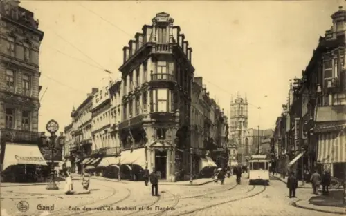 Ak Gand Gent Ostflandern,  Hoek der Brabant, Vlaanderenstraat, Straßenbahn, Geschäfte