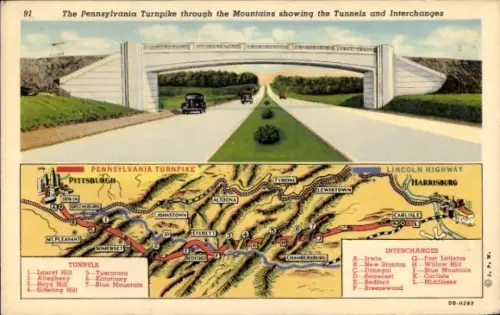 Landkarten Ak Pennsylvania USA, Mautstraße durch die Berge mit Blick auf die Tunnel und Autobahnen