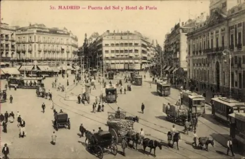 Ak Madrid Spanien, Puerta del Sol, Hotel de Paris, Straßenverkehr, Kutschen, Menschen, Madrid