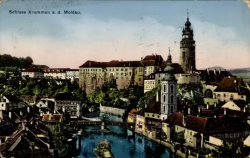 Ak Český Krumlov Böhmisch Krumau an der Moldau Krummau Südböhmen, Schloss  Moldau, Wasser, Brücke