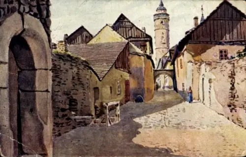 Ak Domažlice Taus Region Pilsen, Gemälde einer Straße, Häuser, Turm, Person, Domažlice