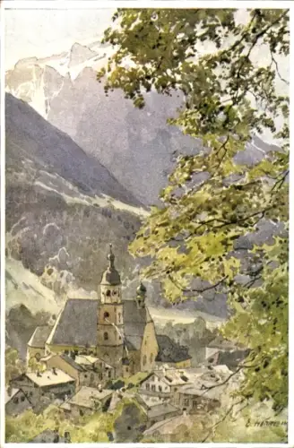 Ak Berchtesgaden in Oberbayern, Berglandschaft, Franziskaner-Kirche,  Wasserfarbenstil