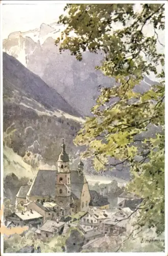 Ak Berchtesgaden in Oberbayern, Berglandschaft, Franziskaner Kirche, E. H. Compton, Aquarell
