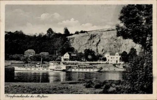 Ak Meißen an der Elbe, Karpfenschänke bei  Schiffstation, Ausflugsort, Blick auf die Elbe