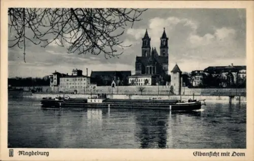 Ak Magdeburg an der Elbe,  Elbanficht mit Dom, Fluss, Schiff