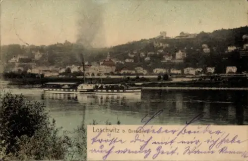 Ak Dresden Loschwitz, Dampfschiff auf der Elbe, Loschwitz, Häuser am Hang, Wasserfläche
