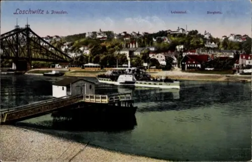 Ak Dresden Loschwitz, Flusslandschaft, Brücke, Schiffe, Häuser, Bäume