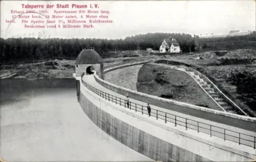 Ak Plauen im Vogtland, Talsperre  Bauzeit 1903-1909, 300 Meter lang, 42 Meter hoch, 3 Millionen K