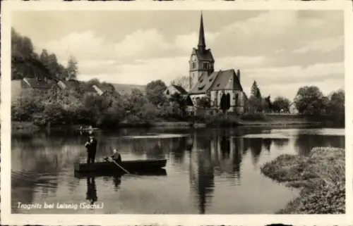 Ak Tragnitz Leisnig in Sachsen, Tragnitz bei Leisnig, Kirche, Boot, Wasserlandschaft