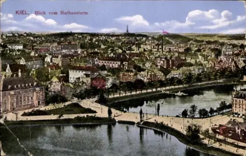 Ak Kiel,  Blick vom Rathausturm, Stadtansicht, Wasser, Bäume, 