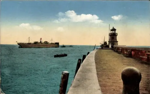 Ak Emden in Ostfriesland, Hafenansicht, Schiff, Leuchtturm, Pier, Wasser
