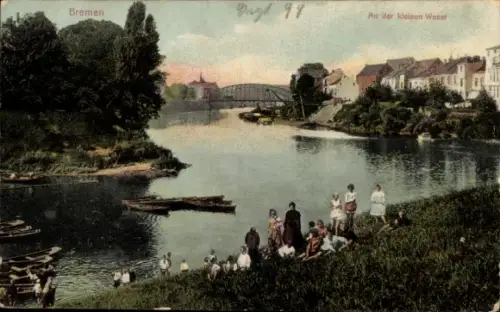 Ak Bremen, an der kleinen Weser, Menschen am Ufer