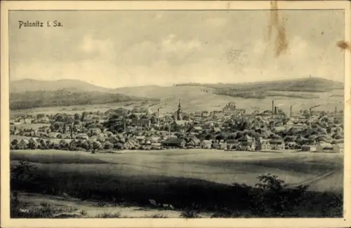 Ak Pulsnitz Sachsen, Stadtansicht  Hügel, Fabriken, Bäume