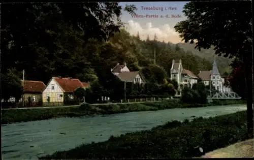 Ak Treseburg Thale im Harz, Treseburg i. Harz, Villen-Partie an der Bode, Flusslandschaft, Bäume,