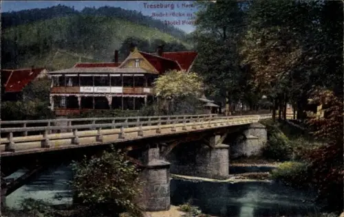 Ak Treseburg Thale im Harz,  Bodebrücke, Hotel Forci, Fluss, Brücke