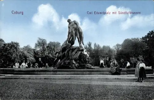 Ak Coburg in Oberfranken, Carl Eduardplatz, Sündilubrunnen, Statue, Menschen, Coburg