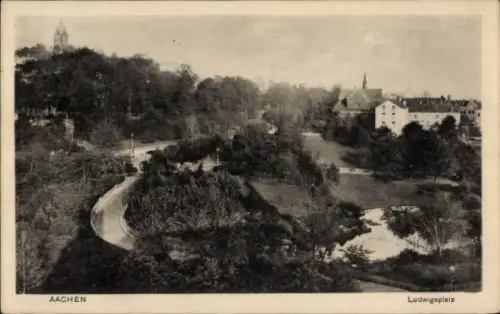 Ak Aachen,  Ludwigsplatz, Landschaft, Bäume, Weg, Wasser, Gebäude