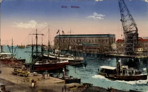 Ak Kiel, Kiel Hafen, Schiffe, Hafenkran,  