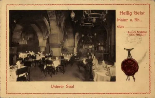 Ak Mainz am Rhein, Unterer Saal, Heilig Geist,  Tischgedecke,  Atmosphäre