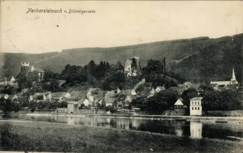 Ak Neckarsteinach in Hessen,  Dilsbergerseite, Fluss, Häuser, Landschaft