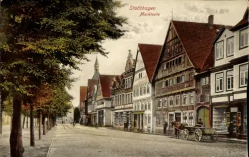 Ak Stadthagen in Niedersachsen,  Marktseite, Straßenansicht,  Gebäude, Pferdewagen