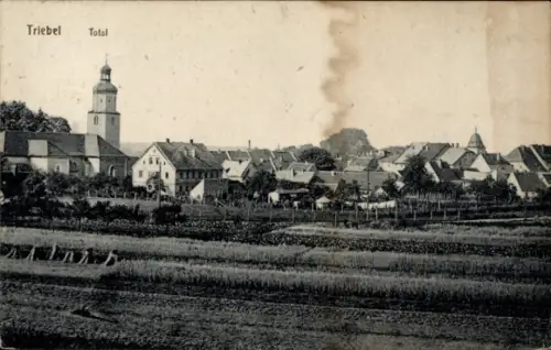 Ak Triebel im Vogtland,  Landschaft, Kirche, Häuser, Felder