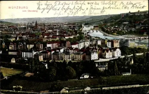Ak Würzburg am Main Unterfranken, Würzburg vom Steinberg, Stadtansicht, Flüsse, Gebäude
