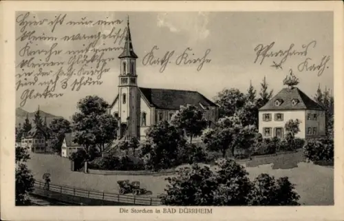 Künstler Ak Bad Dürrheim im Schwarzwald, Kirche, Storchennest