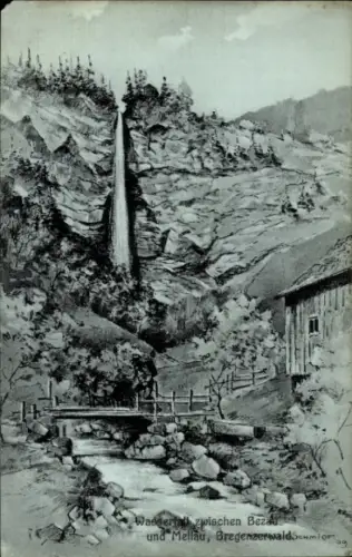 Künstler Ak Bregenzerwald Vorarlberg, Wasserfall zwischen Bezau und Mellau