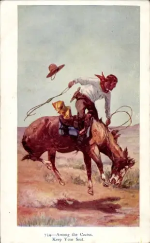 Ak USA, Among the Cactus, keep your seat, Cowboy auf bockigem Pferd