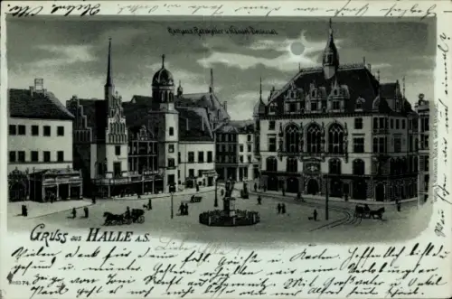 Mondschein Litho Halle an der Saale, Rathaus, Ratskeller, Händel Denkmal