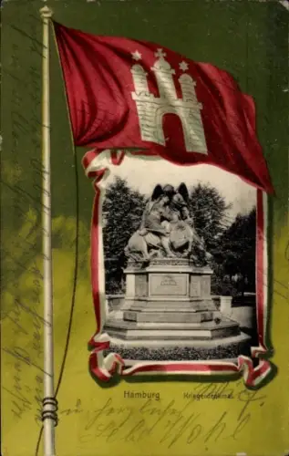 Passepartout Ak Hamburg, Kriegerdenkmal, Fahne mit Stadtwappen
