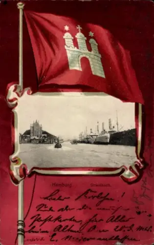 Passepartout Ak Hamburg, Hafen am Strandhöft, Dampfschiff, Schlepper, Fahne, Stadtwappen