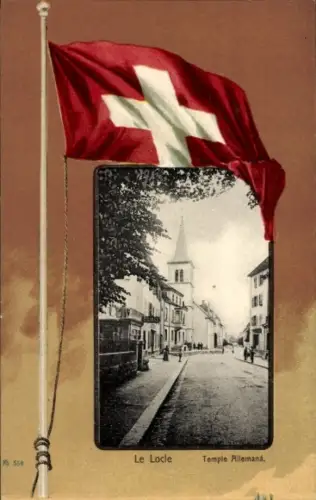 Passepartout Ak Le Locle Kt Neuenburg, Temple Allemaná, Fahne