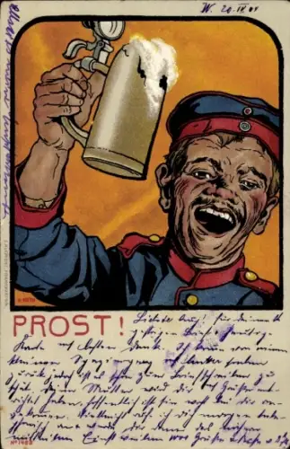 Künstler Ak Prost, Soldat mit Bierkrug