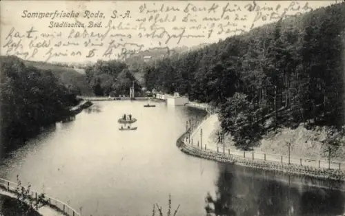 Ak Roda Stadtroda in Thüringen, Ruderpartie, Städtisches Bad