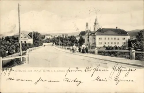 Ak Mautern an der Donau Niederösterreich, Brücke, Personen, Gebäude, Landschaft, Gruß aus Mautern