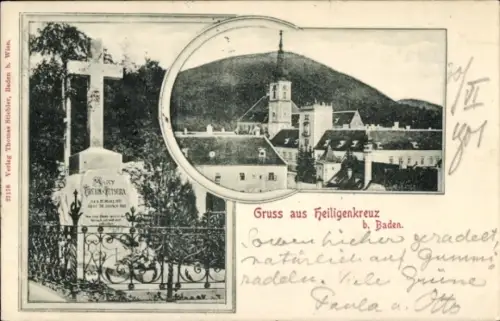 Ak Heiligenkreuz Niederösterreich, Gruss aus  Bild mit Kreuz und Kirche, Landschaft