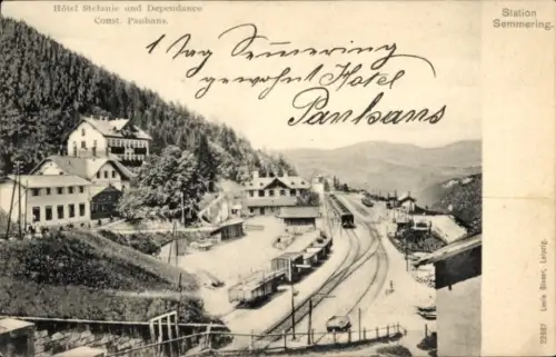 Ak Semmering in Niederösterreich, Hôtel Stefanie und Dependance, Const. Panhans, Bahnhof  Züge