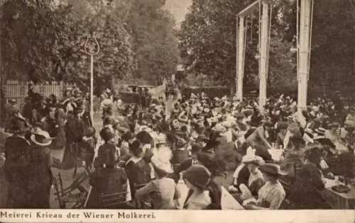 Ak Wien 2 Leopoldstadt Österreich, Meierei Krieau, Wiener Molkerei, viele Menschen, Tische, Hüte