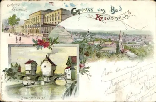Litho Bad Kreuznach in Rheinland Pfalz, Kurhaus, Brückenhäuser