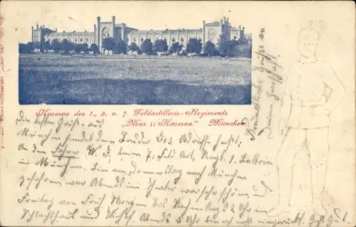 Präge Passepartout Ak München, Max II Kaserne, 1., 3. und 7. Feldartillerie Regiment