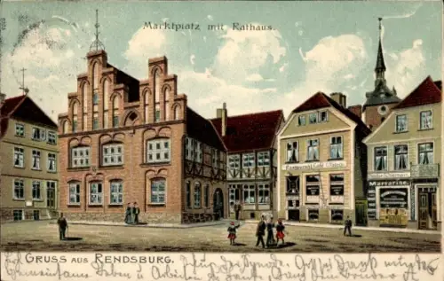 Litho Rendsburg in Schleswig Holstein, Marktplatz, Rathaus, Geschäfte