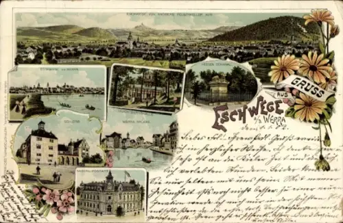 Litho Eschwege an der Werra, Blick auf den Ort, Postamt, Schloss, Hessen Denkmal
