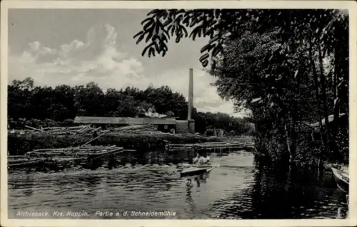 Ak Altfriesack Fehrbellin in Brandenburg, an der Schneidemühle, Segewerk, Kanu