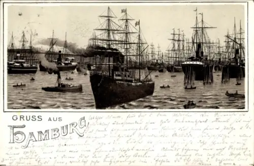 Litho Hamburg, Hafen, Segelschiffe