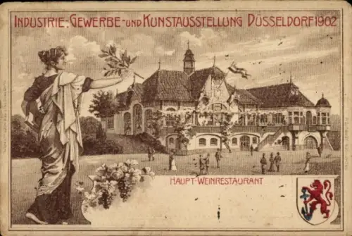 Wappen Litho Düsseldorf am Rhein, Industrie und Gewerbeausstellung 1902, Haupt-Weinrestaurant